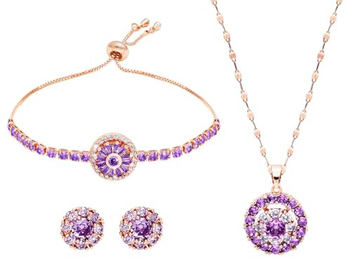 BAOKELAN Jewellery Set for Women Cubic Zirconia Pendant Jewelry Set Necklace Bracelet and Earrings Set Purple