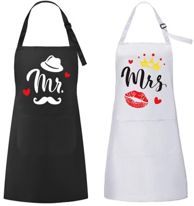 ROSEMO 2 Stück Mr. & Mrs Küchen Schürze, Paare Küchenschürze mit Verstellbar Nackenbügel & 2 Tasche, Hochzeitsgeschenke für Brautpaar, Paare Geschenk Schürze für Valentinstag Hochzeit Verlobung