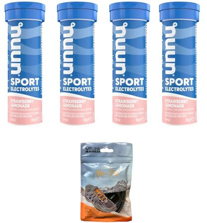NUUN Sport Elektrolyte Hydration Tabletten – 4 Tuben Elektrolyt-Tabs (insgesamt 40 Tabletten), gebündelt mit einer Packung elastischer, nicht bindender reflektierender Schnürsenkel (Strawberry