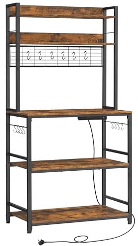 VASAGLE Kitchen Storage Rack with Power Outlet, Coffee Bar, Baker's Rack, with Metal Wire Panel, 14 Hooks, for Microwave, Steel Frame, 40 x 80 x 170 cm, Rustic Brown and Ink Black KKS025K01