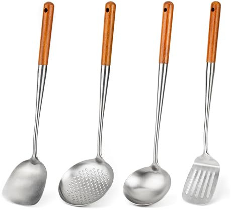 FJNATINH Wok Spatula, Ladle, Slotted Spoon and Spatula Tool Set, 43.2 cm, 4 Pieces Wok Shovel Set, 304 Stainless Steel