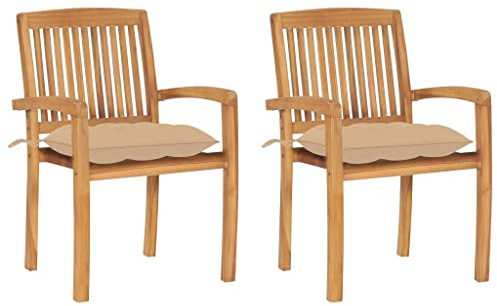 CKioict Stapelstuhl Bistrostuhl Balkonmöbel Gartenstühle 2 STK. mit Beige Kissen Massivholz Teakfür Gärten, Pools, Terrassen