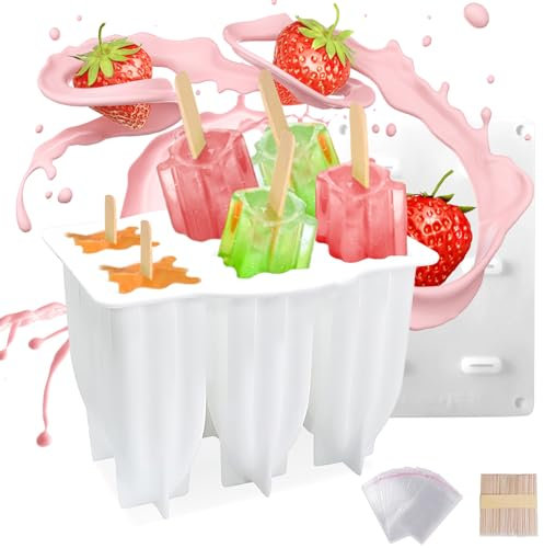 Moule Glace,Moule à Glace Batonnet Silicone Sans BPA,6 Moules Glaces Sorbet a l eau DIY,Réutilisable Popsicle Moule,Moules Esquimaux (Pic à Glace Blanc)