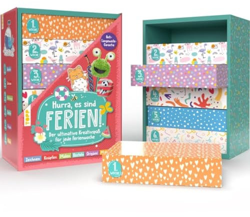 TOPP Hurra, es sind Ferien! Der ultimative Kreativspaß für Jede Ferienwoche. Box (30 x 20 x 11 cm) mit 6 Boxen, Anleitung und Material für 6 Projekte