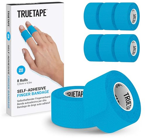 TRUETAPE Fingerpflaster | 8x Rollen selbsthaftende Pflaster für die Finger (2,5cm x 4,5m) | Tape Verband selbstklebend I Schmutzabweisendes Pflasterband I schmale Haftbandage (Blau)