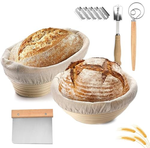 Bread Proofing Basket Round & Oval,2PCS 10in Large Banneton Brotform Rising Proving Bowl,100% Natural Rattan Sourdough,for Professional Home Bakers,750g Dough,Linen cloth Liner,Dough Scraper/Whisk