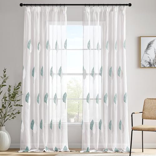 MIULEE Gardinen Vorhänge mit Kräuselband, Vorhang Wohnzimmer Türkis und Weiß Blätter Muster, Schöne Stickerei Gardine 2er Set Modern Schlafzimmer Fenster H 225 X B 140 cm