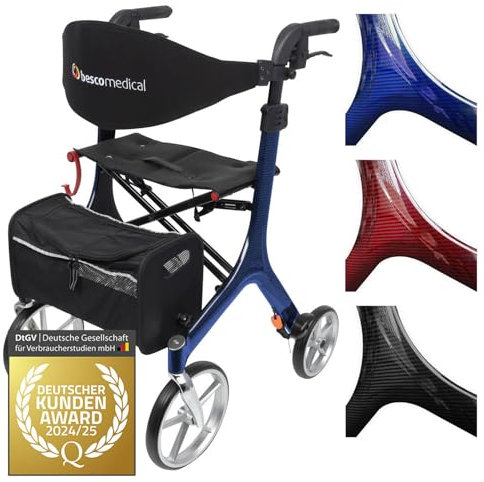 Besco Medical Carbon Rollator ultraleicht 5,9 kg – faltbar, höhenverstellbar, mit Sitz - Premium Gehhilfe mit Rückengurt, Netztasche, Stockhalter - Modell L Saphirblau