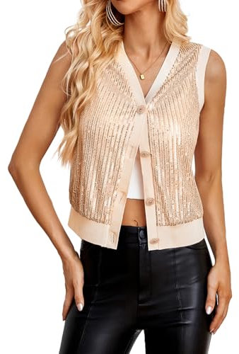 GRACE KARIN Cardigan à paillettes pour femmes, sans manches, col en v, gilet de fête, haut de cocktail à paillettes pour mariage, EU50, or rose