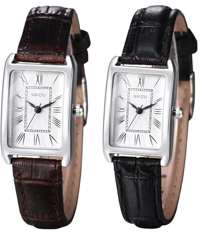 JewelryWe Damenuhr Leder Rechteckige Uhr: 2er Set Vintage Analog Quarz Armbanduhr Damen Schwarz/Braun PU Lederarmband Kleine Uhr mit Römischen Ziffern Zifferblatt & Silber Rechteck Gehäuse