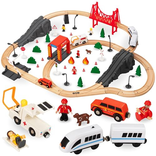 Mamabrum Holzeisenbahn Brücke Zug Feuerwehr, Eisenbahn Set für Kinder 3+, 19 Elemente, Lokomotive, Bahn mit Zug und Wagons, Zubehör, Phantasie und Manuelle Fähigkeiten (Weiß)