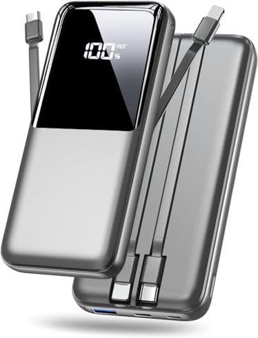 Power Bank 15000mAh, Portable Charger with 3 Ports & 2 Built-in Cables, USB C Fast Charging Powerbank External Battery Pack Compatible with iPhone 16 15 14 13 Android and more, Gray