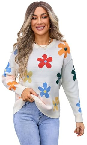 HEYPORK Damen Herbst Winter Warm Bequem Pullover Casual Mode Strickjacke Strickpullover Frauen Floraler Strickpullover(Weiß, L)