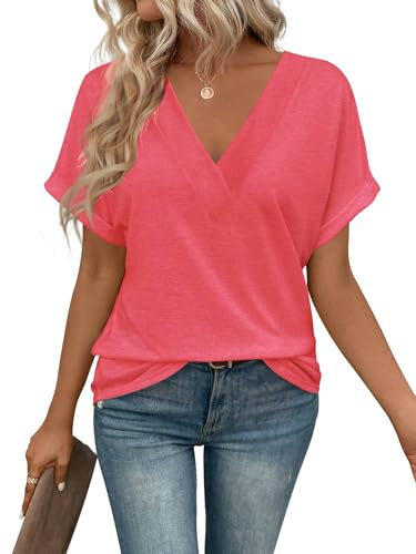 Cuptacc Damen Oberteile Elegant Kurzarm Tshirt Damen Oversize Sexy Einfarbig T Shirt V Ausschnitt Wassermelone Rot, XXL 50-54