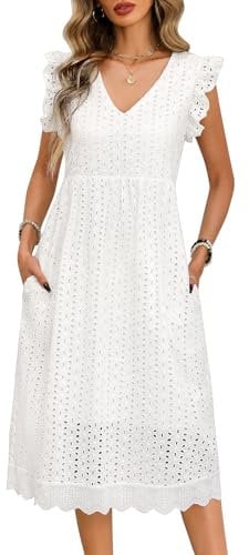 PASUDA Robe d'Été en Coton pour Femme Col en V Mi-Longue Chic et Elegant Taille Haute Boheme sans Manches Genou de Plage avec Poches