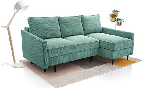 X-Group4th Modulares Sofa Mit Cordstoff – POSO Eckcouch, Ausziehbar, Schlafbereich 145x203cm, Robustes Holzgestell, Elegantes Design, Eckanordnung RECHTS, 220x134x110cm, TÜRKIS