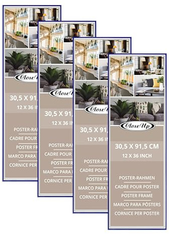Close Up Posterrahmen | Blau/Blue 4-er Set | Bilderrahmen | Frame | für langformatige Poster, Kunstdrucke, Plakate… | bruchsichere PVC Scheibe | 30,5 x 91,5 cm / 12x36 | 4 Stück