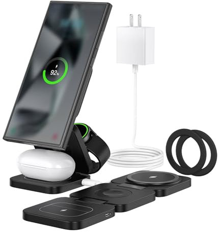 KU XIU Caricatore Wireless per Samsung, 3 in 1 Stazione Ricarica Pieghevole Magnetica per Galaxy S25 Ultra S24 S23 S22 Note Z Fold Flip, Ricarica Wireless per Galaxy Watch Ultra 7 6 5 4 Galaxy Buds