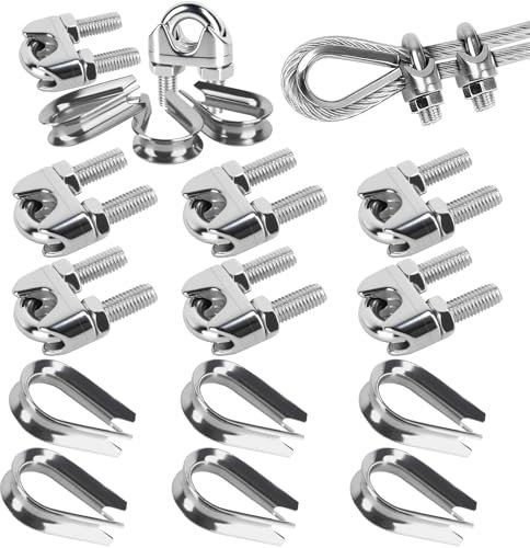 Prmape 12 Pièce Serre Cable Inox, 6pcsSerre Cable Acier 10mm+6pcs M10 Cosses de Câble Metallique, U Boulon Clip de Câble Métalliques pour Câble Métallique Corde à Linge