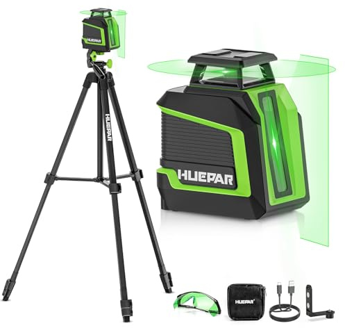 Huepar 360° Laser Level with Tripod 150cm, 82Ft - 165Ft Self Leveling Laser Level with Pulse Mode, 3 Brightness Levels Rechargeable Li-ion Battery Green Line Laser Leveler Tool for DIY Indoor Project