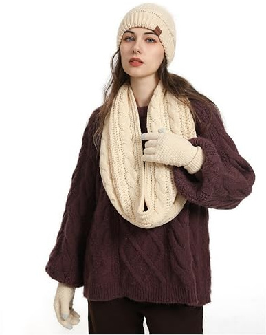 Women’s Winter 4-Piece Set – Beanie Hat, Neck Warmer, Touchscreen Gloves & Cozy Socks – Warm, Soft & Stylish Cold Weather Accessories