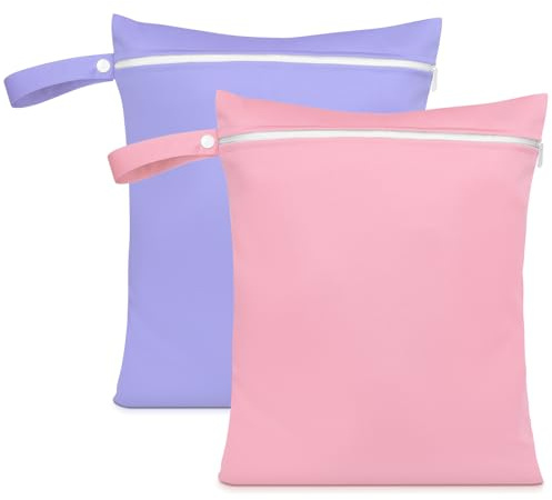 AOOSA 2 Stück Nasstasche, Wiederverwendbare Windeltasche mit Reißverschluss | Leichter Wasserdichte Wäschesäcke, Wet Bag für Babys, Schwimmen, Reisen, Fitnessstudio, Strand (Rosa + Lila)