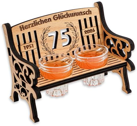 DARO Design - Schnapsbank Holz mit Gravur mit 2 Schnapsgläser - 75 Jahre - 16x12 cm Groß - lustige Geschenkidee - originelles Geschenk zum Geburtstag Firmenjubiläum Hochzeitstag Jubiläum