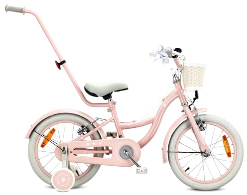 sun baby Flower Bike Retro Girls Bike 14/16 Inch | For ages 3-6, steel frame, V-brakes, training wheels, bell and reflectors