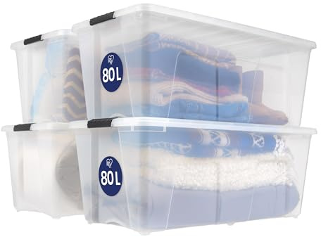 Iris Ohyama, Große Aufbewahrungsbox aus Kunststoff mit Deckel, 80 L, Set von 4, Transparent, Verschlussclips, Griff, Stapelbar, Tragbar, Robust & Langlebig, für Bettwäsche, Ankleidezimmer