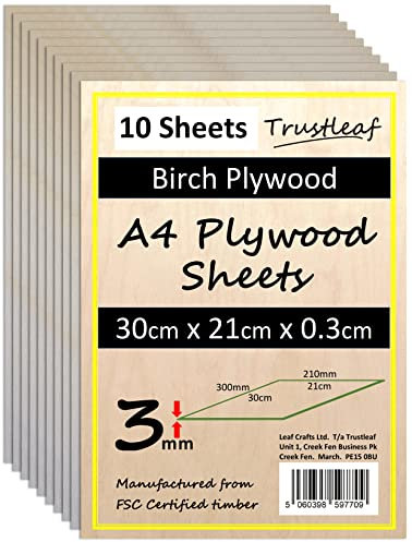 Trustleaf Hoja de madera contrachapada de abedul de 3 mm, A4, 300 x 210 x 3 mm, paquete de 10 unidades, láser de baja emisión, adhesivo E1