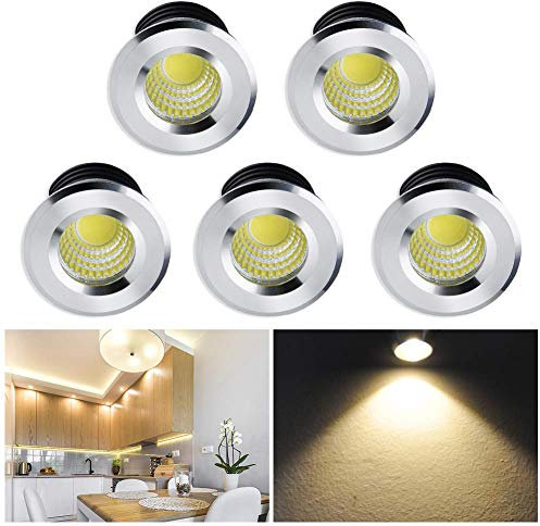 Audor Mini Klein Einbaustrahler LED Set 5er, 3W LED Deckenstrahler COB Deckenspots Einbauleuchte Aluminium Spots LED Set Warmweiß für Weinschrank/Schrank/Küche/Wohnzimmer