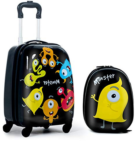 DREAMADE 2 TLG. Kinderkoffer & Rucksack, 16” +12” Kinderkofferset, Kindertrolley Kindergepäck, Handgepäck Reisegepäck Hartschalenkoffer für Kinder (Schwarz, 16 Zoll +12 Zoll)
