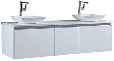 StoneArt Badmöbel Set Mineralguss Waschbecken Waschschale Aufsatzwaschbecken und Unterschrank Waschtisch Einzel- oder Doppelwaschbecken Milano ME-1600pro-2 weiß 160cm