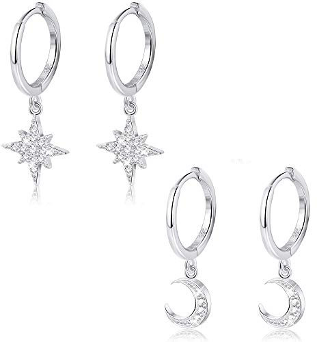 Milacolato 2 Paar 925 Sterling Silber Moon Star Dangle Hoop Ohrringe CZ Drop Huggie Knorpel Cute Ohrringe Set für Frauen Silber