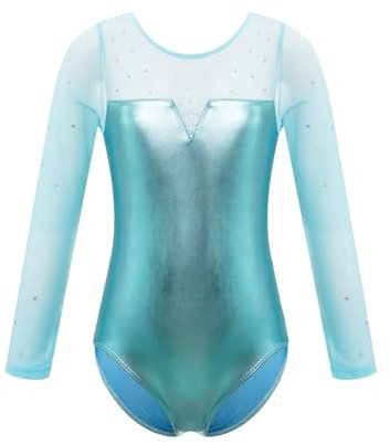 Agoky Langarm Turnanzug für Mädchen Spleiß Gymnastikanzug aus Glitzer Stoff Glanz Leotards Trikot Tanz Body Overalls gr.92-164 Blau Grün 146-152