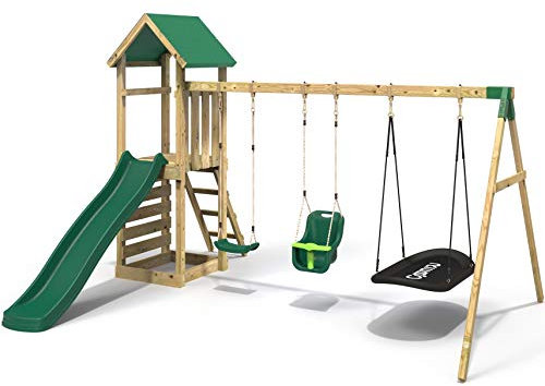 Rebo® Children's Adventure Playset Wooden Climbing Frame, Swing Set and Slide - Snowdon | OutdoorToys | Sturdy Wooden Construction, Pressure Treated Timber
