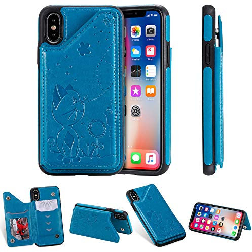 nancencen Kompatibel mit iPhone X/XS (5.8 Zoll) Handyhülle, (Karten Slot) Flip Cover TPU Schutzhülle (Anti-Fall) für iPhone X/XS (5.8 Zoll) -Katze und Schmetterling -Blau