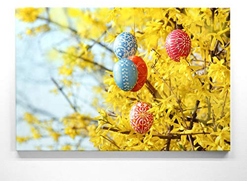 Wandbilder zu Ostern, Eine wunderschöne Osterdeko, Forsythia geschmückt als 50x50cm großes Leinwand-Bild. Dekorieren Sie Küche, Wohnzimmer, Schlafzimmer. Aufgespannt auf 2cm Holzrahmen