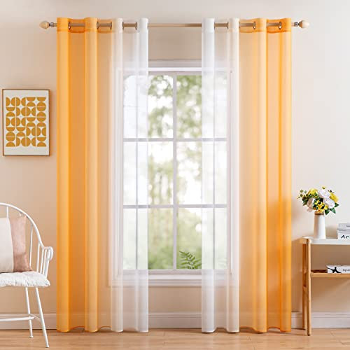 MIULEE 2er Set Voile Vorhang Zweifarbiger Vorhang mit Ösen Transparente Gardine Ösenschal Fensterschal Lichtdurchlässig für Schlafzimmer, 140x245cm, Orange