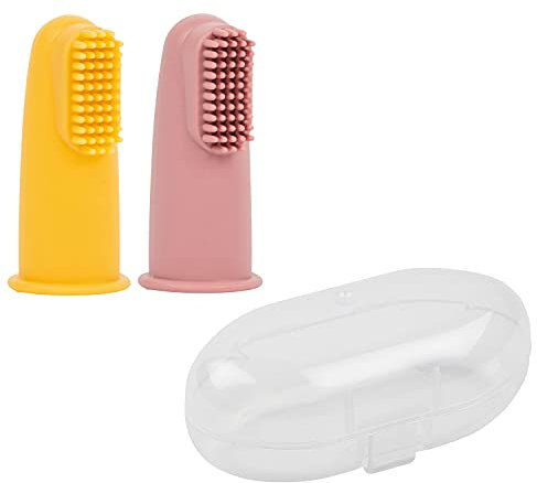 Nattou Brosses à Dents en Silicone pour Bébé, 2x Brosses à Dents de Doigt Pour Bébés Et Tout-Petits, 1x Étui de Protection, Sans BPA, Silicone, Jaune/Rose