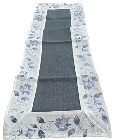 Tischläufer Tischdecke Mitteldecke Tischband gestickt Rosen Rot Weiss Silber Grau (40 x 140, Silber/Grau/Weiss)