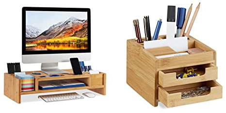 Relaxdays Monitorständer, Bildschirmständer aus Bambus, 14 Fächer, 15x65x28 cm, Natur & Schreibtisch Organizer Bambus, Stiftehalter Holz, Schreibtischbox Schubladen, HxBxT: 9,5 x 12,5 x 15 cm, Natur