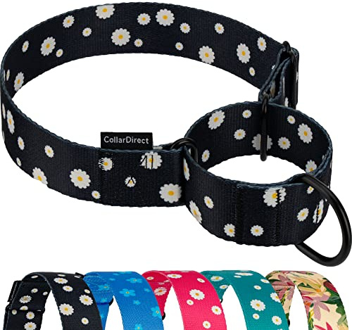 CollarDirect Martingale Halsbänder für Hunde, strapazierfähig, Blumenmuster, weiblich, Sicherheit, Nylon, Training, breites Halsband, Blumendesign (Schwarz Gänseblümchen, 48-61 cm)