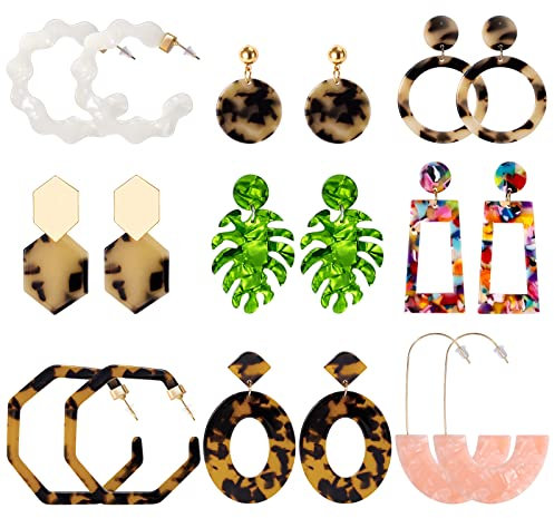 Ohrringe Statement Ohrringe Set Leichte Acryl Creolen Tropfen Baumeln Blatt Boho Chic Ohrringe für Frauen Damen Mädchen 9 Paar