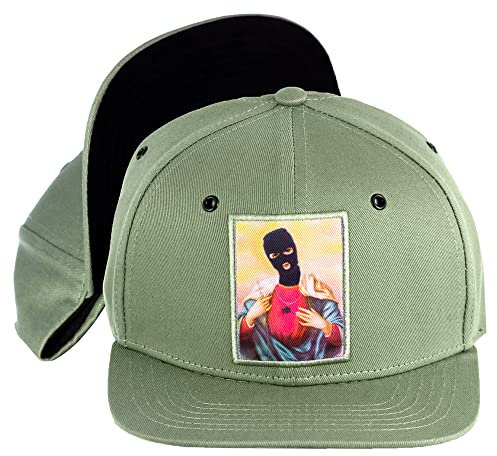Nebelkind Snapback-Cap-Herren Damen Iconic Ikone Oliv-grün mit Sturmmaske, Einheitsgröße OneSize, Größenverstellbar, Unisex, hochwertige Basecap, Streetwear Style, Baseball-Kappe gerader Schirm