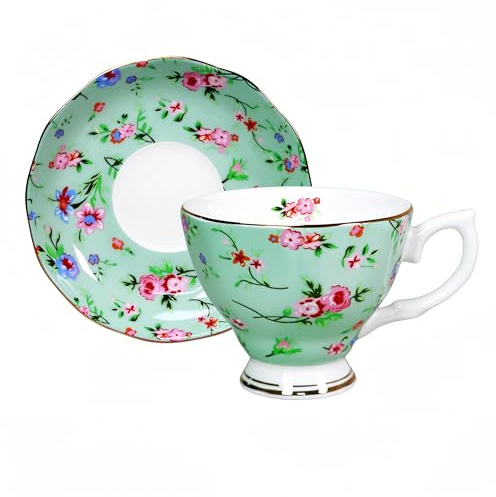 LanHong 6 Ounces Tea Cup and Saucer Set Floral Tea Coffee Cup with Saucer Bone China Teacup and Saucer Set Gift for Mom Friend Tea Party