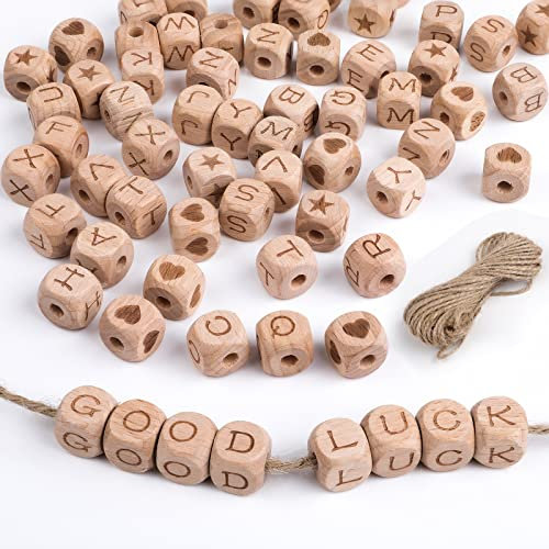 Ailvor Holzbuchstaben Perlen, 72 Stück Holzperlen Buchstaben mit Jute Schnur, A-Z Buchstaben Buchstabenwürfel Holz für Armbänder, Halsketten, Schlüsselanhänger, DIY Schmuck Basteln (3 Stile)