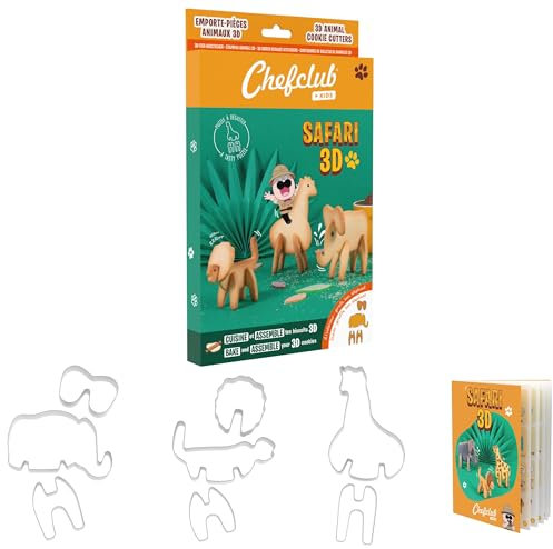 Chefclub Kids Emporte-Pièces Safari 3D - Multilingue - Réaliser des Biscuits Originaux avec Vos Enfants - Lion, Eléphant, Girafe
