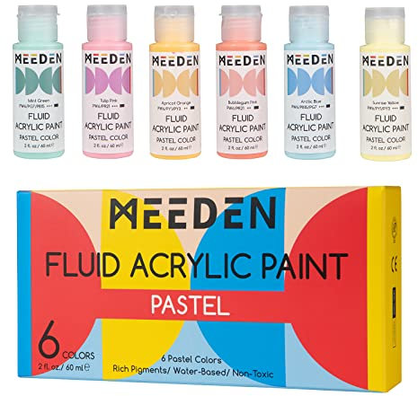 MEEDEN Acrylfarben Set Pastell 6 x 60 ml, Fluid Acrylic Paint, Acrylfarben Wasserfest und Lichtecht, Ungiftig, Ideal für Leinwand, Papier und Stoffe, Geeignet für Anfänger und Profis