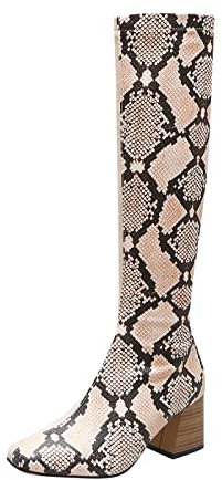 Stivali XL Scarpe Traspirante Coscia Grossa Tacchi alla da Donna Retro in Pelle di Serpente Stivali con Cerniera a Contrasto Colori Stivali da Donna Anfibi Lucidi